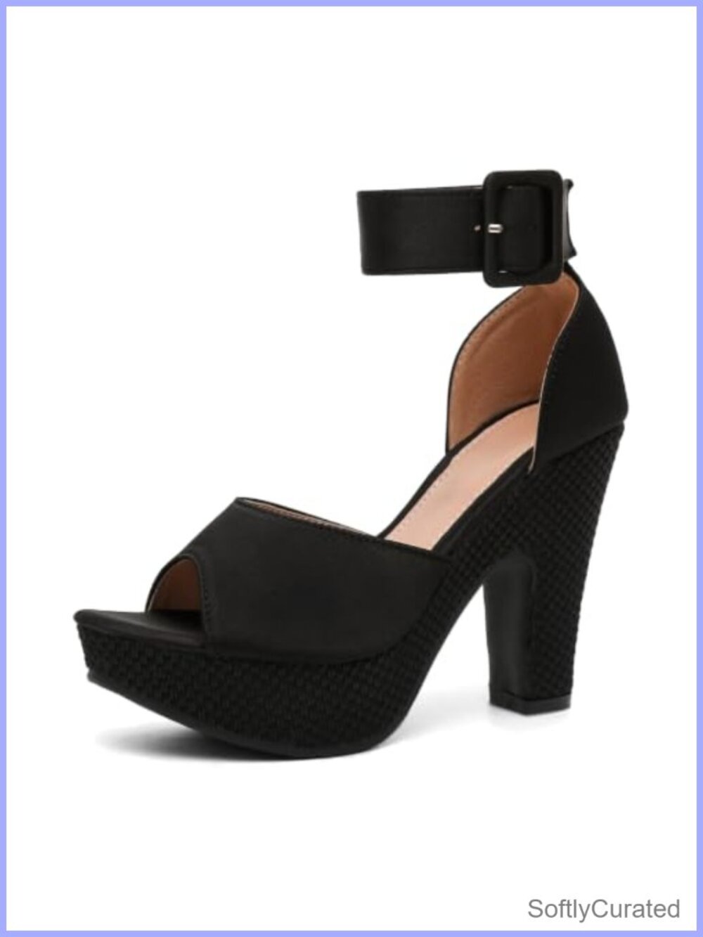 Women's Platform Pumps Peep Toe Ankle Strap Block Heel Buckle Fabric